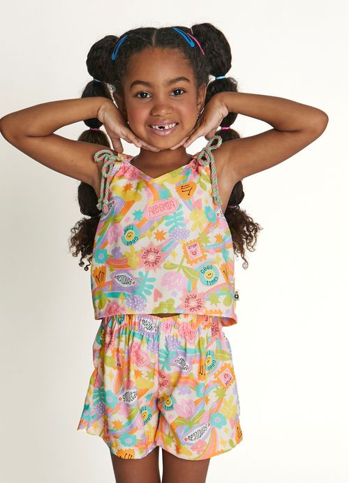 Conjunto Infantil Menina Ragata e Short Estampa Doçura Floral - Tam. 2 a 12 anos -