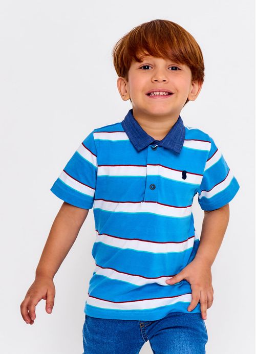 Polo Infantil Menino Estampa Jogo Animal - Tam. 2 a 12 anos - Branco e Azul