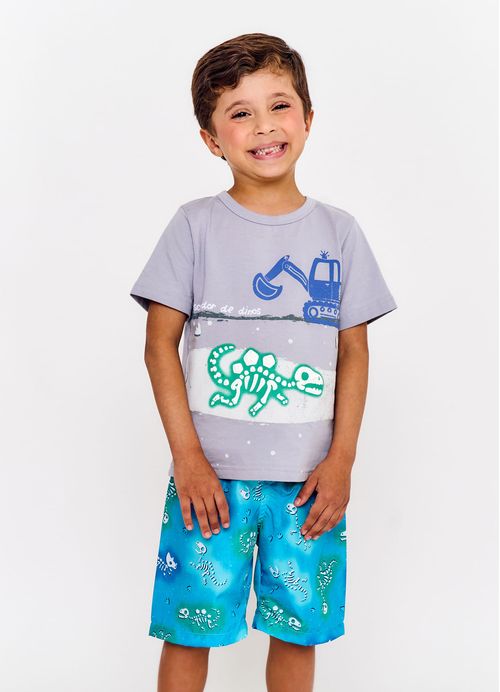 Conjunto Infantil Menino Camiseta + Bermuda Estampa Dino Esqueleto - Tam. 2 a 12 anos - Cinza e Turmalina