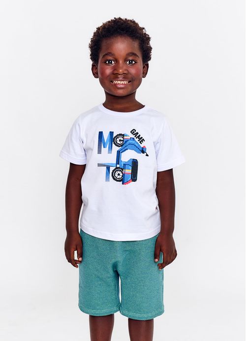 Conjunto Infantil Menino Camiseta + Bermuda Estampa Moto Game- Tam. 2 a 12 anos - Branco, azul e verde