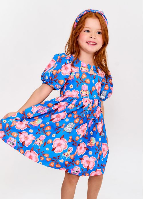 Vestido Infantil Estampa Entre Flores - Azul