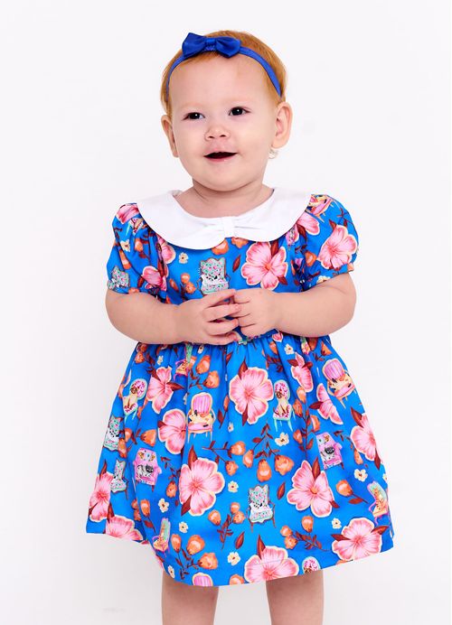 Vestido e Calcinha Infantil Bebê Estampa Entre Flores - Tam. 3 a 18 meses - Azul
