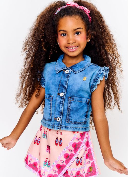 Colete Infantil Menina Estampa Sapatinhos de Boneca - Tam. 2 a 12 anos - Jeans