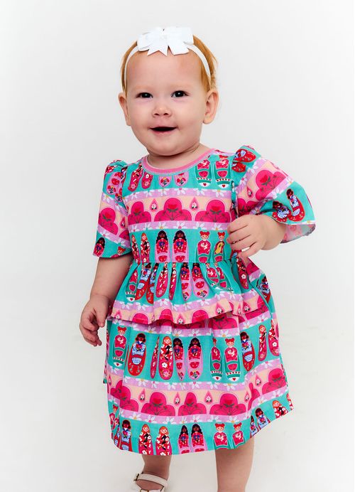 Vestido e Calcinha Infantil Bebê Sapatinhos de Boneca - Tam. 3 a 18 meses - Azul e Roxo