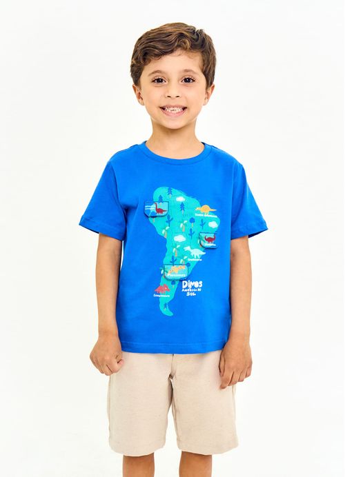 Camiseta Infantil Menino Estampa Dinos pelo Mundo - Azul