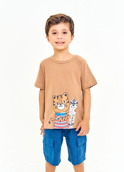 Camiseta Infantil Menino Estampa Tigre de Skate - Bege