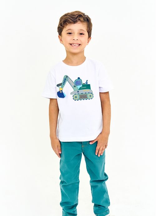 Camiseta Infantil Menino Estampa Ao Trabalho - Branca