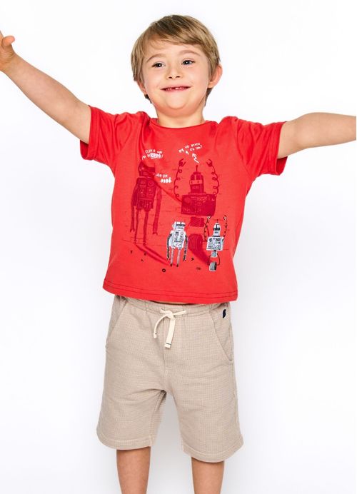 Camiseta Infantil Menino Estampa Robôs - Vermelho Coral