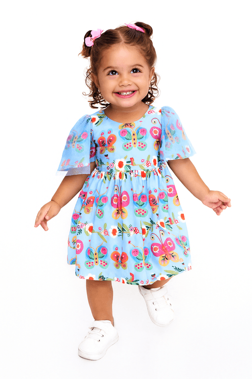 Conjunto Vestido + Calcinha Infantil Bebê Menina Estampa Borbojardim - 3 a 18 meses - Azul