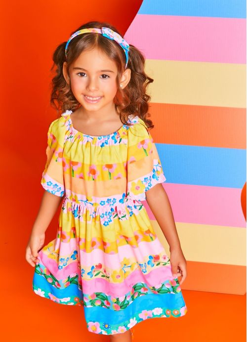 Vestido Infantil Estampa Encanto em Listras - Amarelo