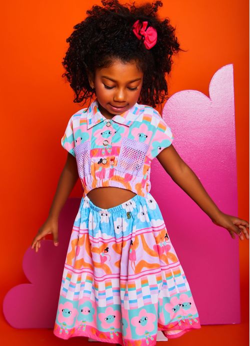 Vestido Infantil Estampa Pop Listras Divertidas – Tam. 2 a 12 anos – Rosa e Esmeralda