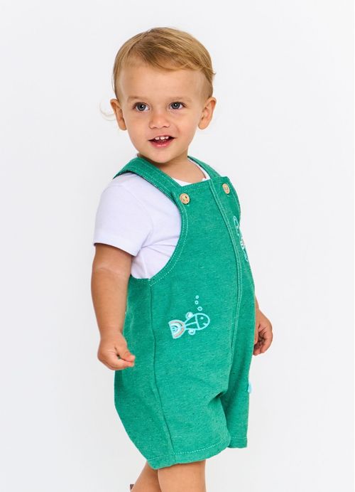 Jardineira Infantil Menino Estampada Explorador dos 7 Mares - Verde